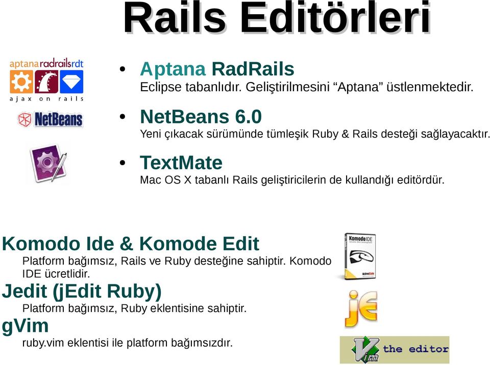 TextMate Mac OS X tabanlı Rails geliştiricilerin de kullandığı editördür.