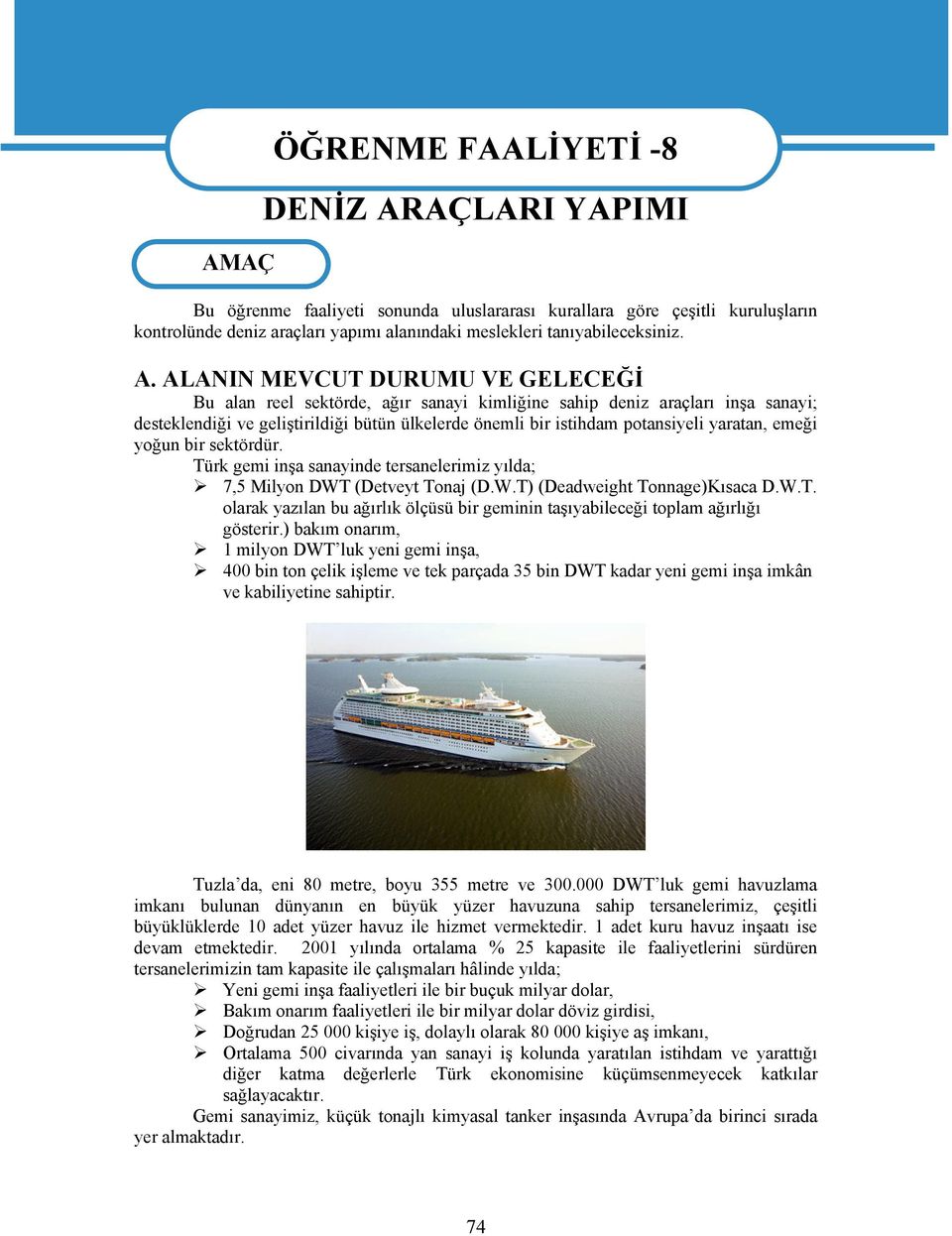 ALANIN MEVCUT DURUMU VE GELECEĞİ Bu alan reel sektörde, ağır sanayi kimliğine sahip deniz araçları inşa sanayi; desteklendiği ve geliştirildiği bütün ülkelerde önemli bir istihdam potansiyeli