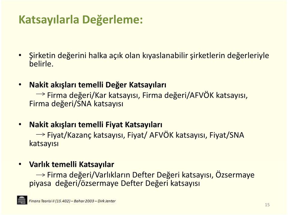 katsayısı Nakit akışları temelli Fiyat Katsayıları Fiyat/Kazanç katsayısı, Fiyat/ AFVÖK katsayısı, Fiyat/SNA katsayısı