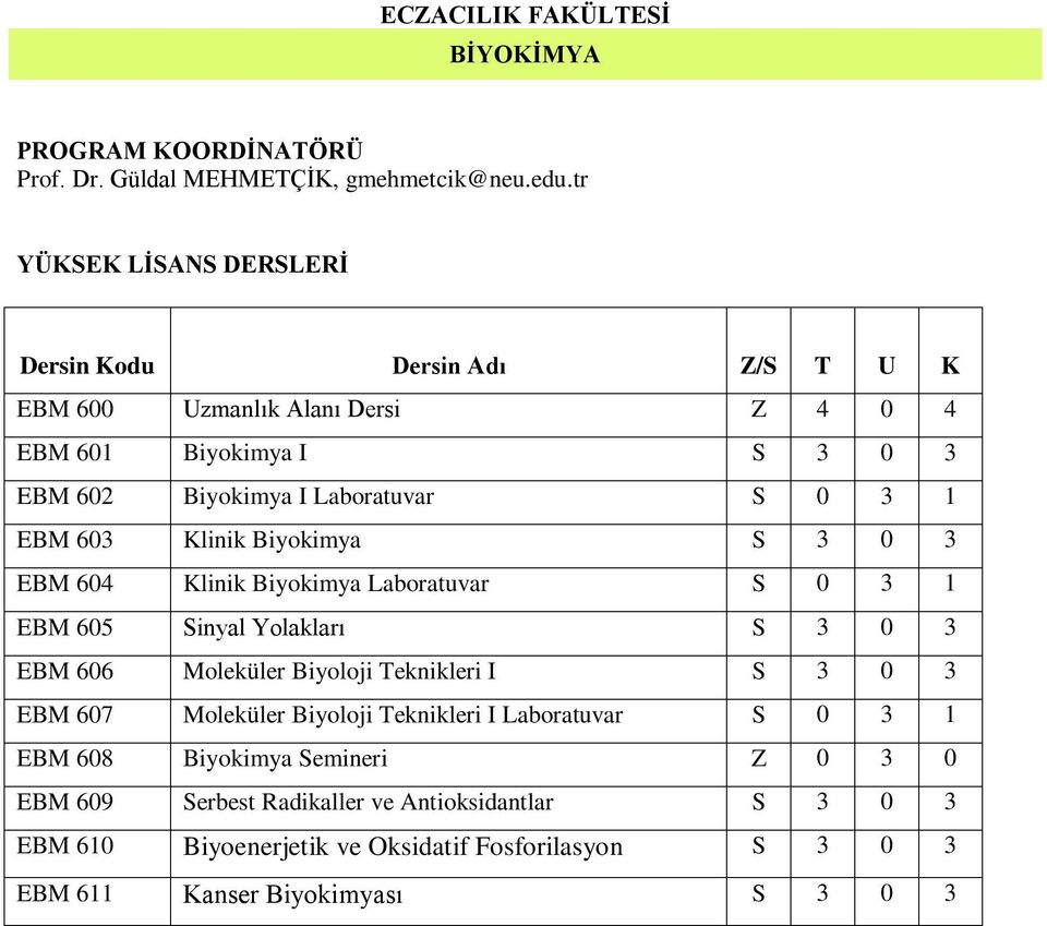 Biyokimya S 3 0 3 EBM 604 Klinik Biyokimya Laboratuvar S 0 3 1 EBM 605 Sinyal Yolakları S 3 0 3 EBM 606 Moleküler Biyoloji Teknikleri I S 3 0 3 EBM