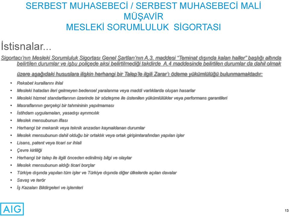 4 maddesinde belirtilen durumlar da dahil olmak üzere aşağıdaki hususlara ilişkin herhangi bir Talep le ilgili Zarar ı ödeme yükümlülüğü bulunmamaktadır: Rekabet kurallarını ihlal Mesleki hatadan