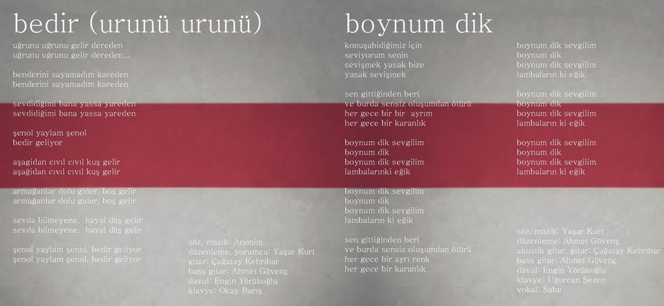 cıvıl kuş gelir konuşabidiğimiz için seviyorum senin sevişmek yasak bize yasak sevişmek sen gittiğinden beri ve burda sensiz oluşumdan ötürü her gece bir bir ayrım her gece bir karanlık lambalarınki