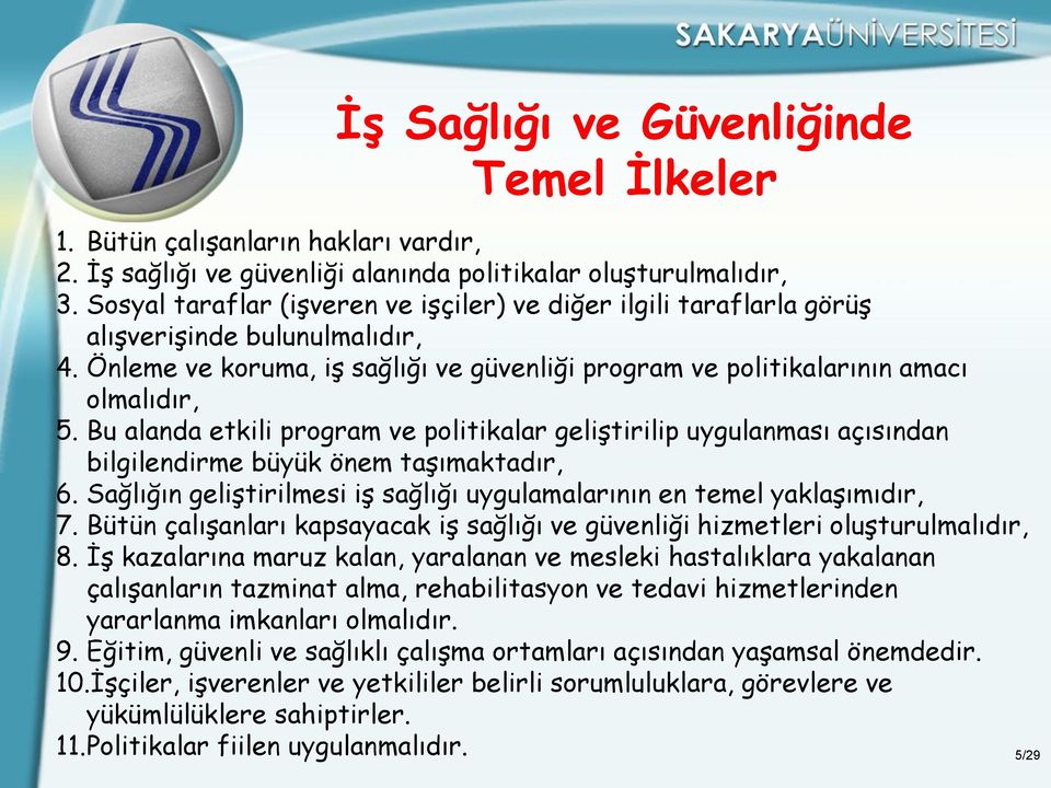 Bu alanda etkili program ve politikalar geliştirilip uygulanması açısından bilgilendirme büyük önem taşımaktadır, 6. Sağlığın geliştirilmesi iş sağlığı uygulamalarının en temel yaklaşımıdır, 7.