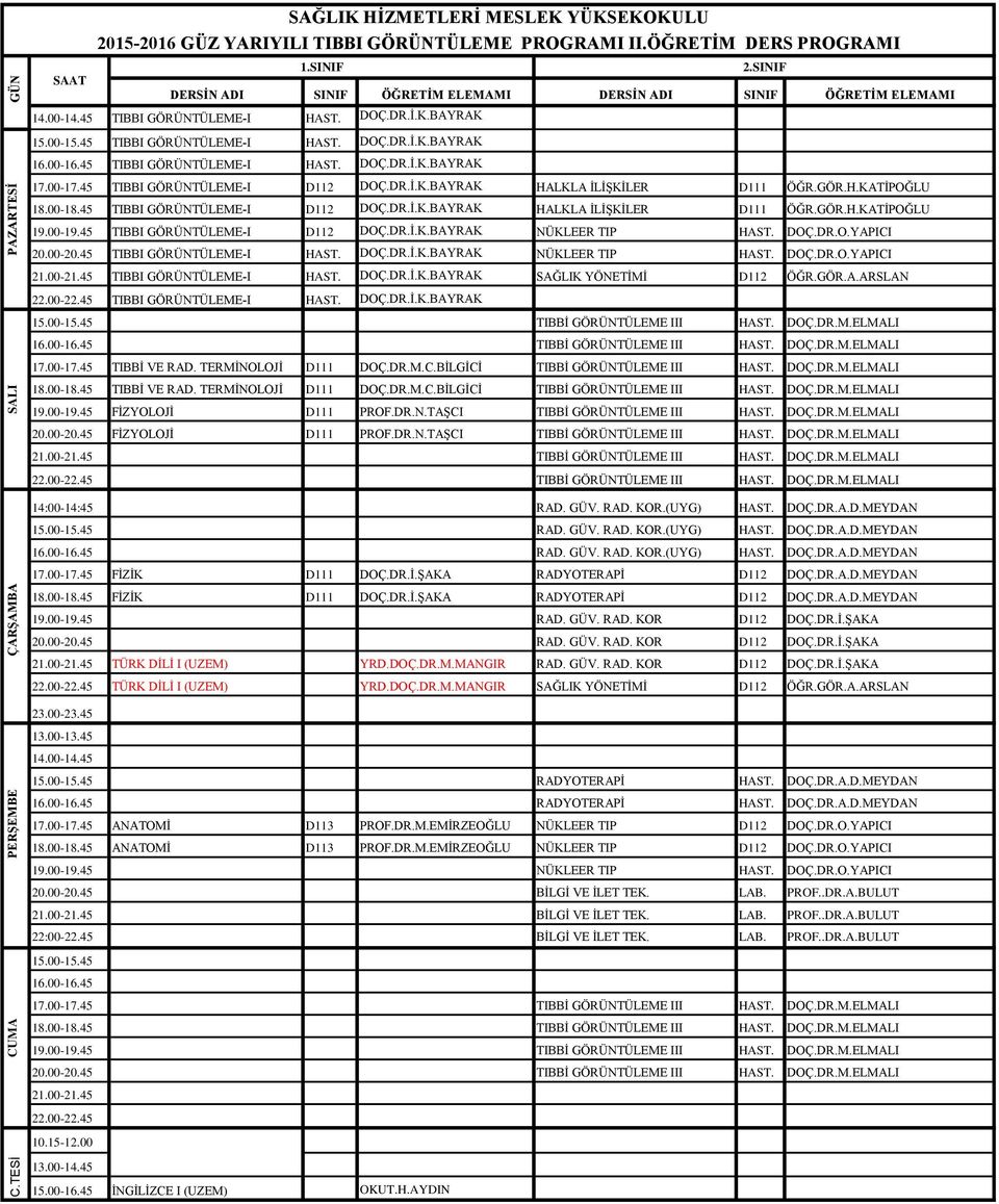 45 TIBBI GÖRÜNTÜLEME-I D112 DOÇ.DR.İ.K.BAYRAK NÜKLEER TIP HAST. DOÇ.DR.O.YAPICI 20.00-20.45 TIBBI GÖRÜNTÜLEME-I HAST. DOÇ.DR.İ.K.BAYRAK NÜKLEER TIP HAST. DOÇ.DR.O.YAPICI 21.00-21.