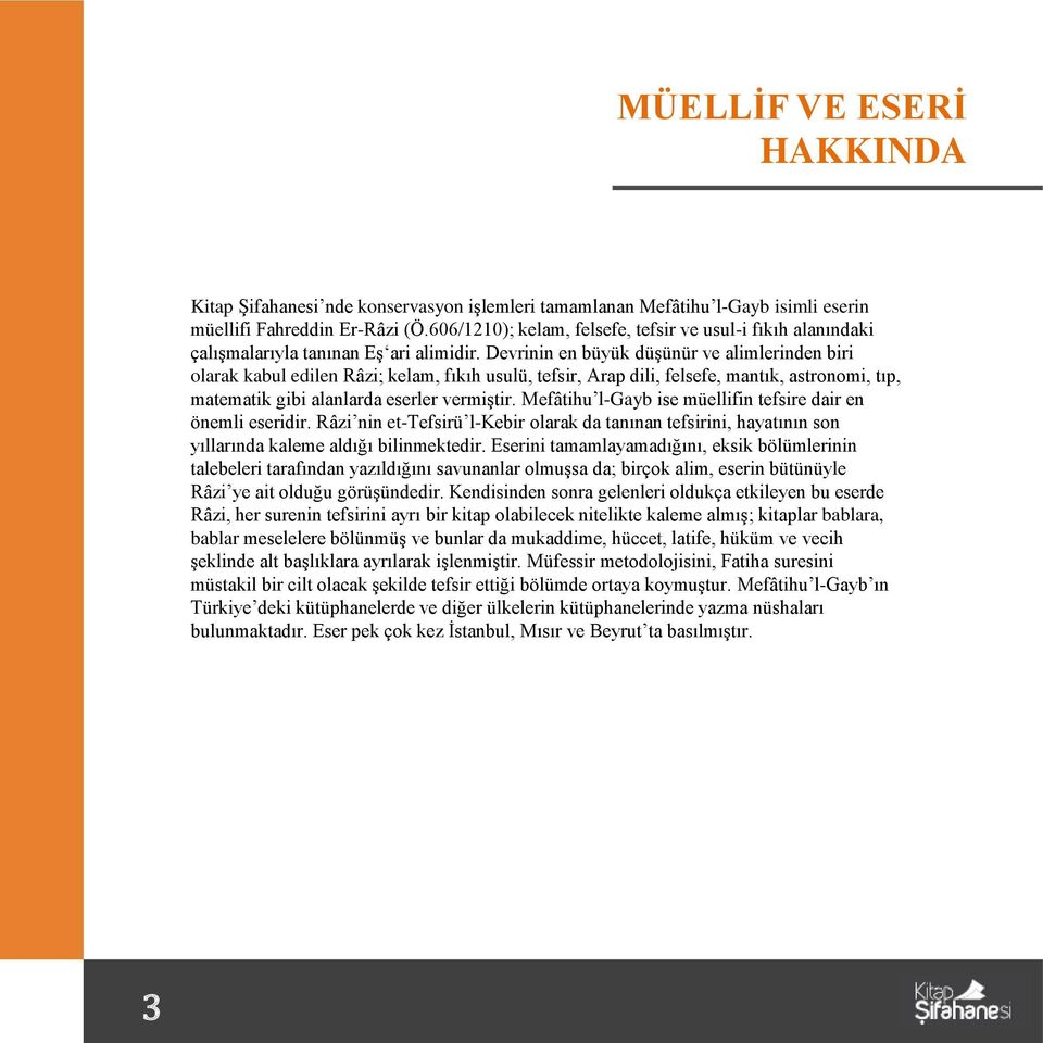 Devrinin en büyük düşünür ve alimlerinden biri olarak kabul edilen Râzi; kelam, fıkıh usulü, tefsir, Arap dili, felsefe, mantık, astronomi, tıp, matematik gibi alanlarda eserler vermiştir.