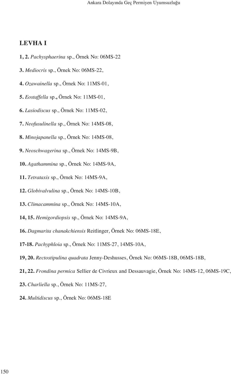 Agathammina sp., Örnek No: 14MS-9A, 11. Tetrataxis sp., Örnek No: 14MS-9A, 12. Globivalvulina sp., Örnek No: 14MS-10B, 13. Climacammina sp., Örnek No: 14MS-10A, 14, 15. Hemigordiopsis sp.