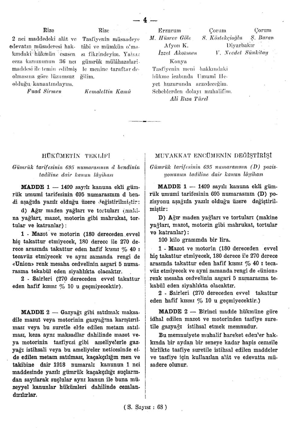 Fuad 8irmen Kemalettin Kamu 4 Erzurum Çorum Çorum M. Ilüsrev Göle 8. Köstekçioğlu Ş. Baran Afyon K. Diyarbakır izzet Akoiıman V.