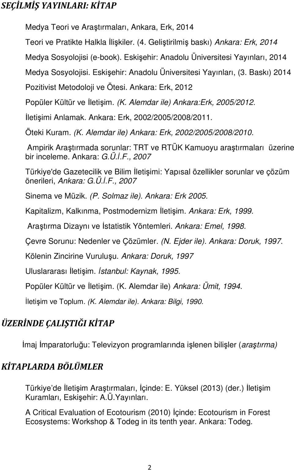 Ankara: Erk, 2012 Popüler Kültür ve İletişim. (K. Alemdar ile) Ankara:Erk, 2005/2012. İletişimi Anlamak. Ankara: Erk, 2002/2005/2008/2011. Öteki Kuram. (K. Alemdar ile) Ankara: Erk, 2002/2005/2008/2010.