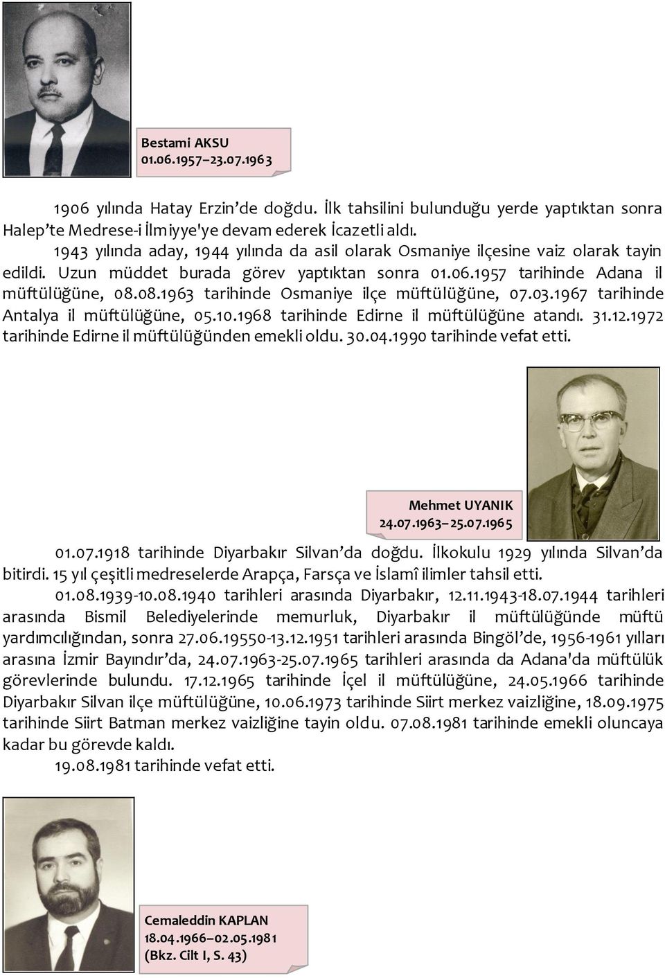 08.1963 tarihinde Osmaniye ilçe müftülüğüne, 07.03.1967 tarihinde Antalya il müftülüğüne, 05.10.1968 tarihinde Edirne il müftülüğüne atandı. 31.12.1972 tarihinde Edirne il müftülüğünden emekli oldu.