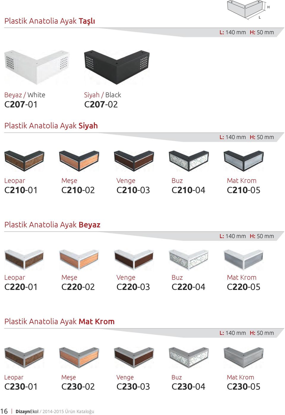 mm Leopar C220-01 Meşe C220-02 Venge C220-03 Buz C220-04 Mat Krom C220-05 Plastik Anatolia Ayak Mat Krom L: 140 mm