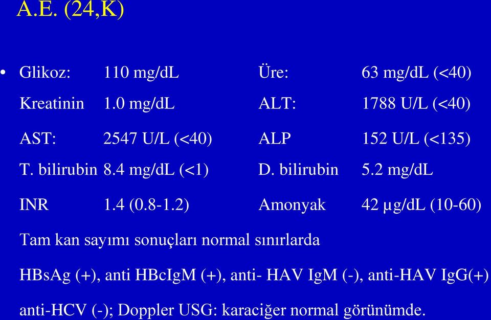 4 mg/dl (<1) D. bilirubin 5.2 mg/dl INR 1.4 (0.8-1.