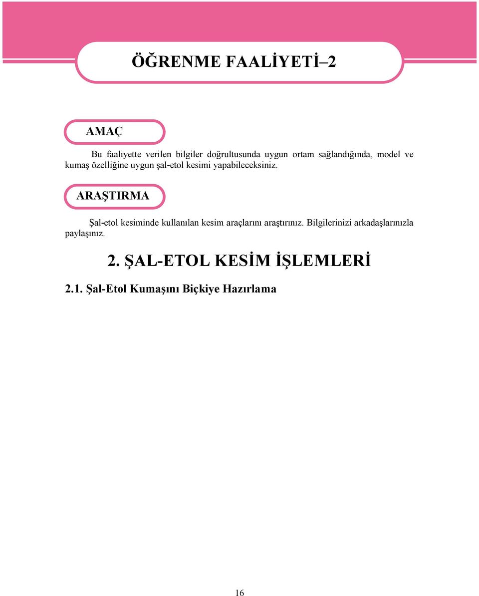 ARAŞTIRMA Şal-etol kesiminde kullanılan kesim araçlarını araştırınız.