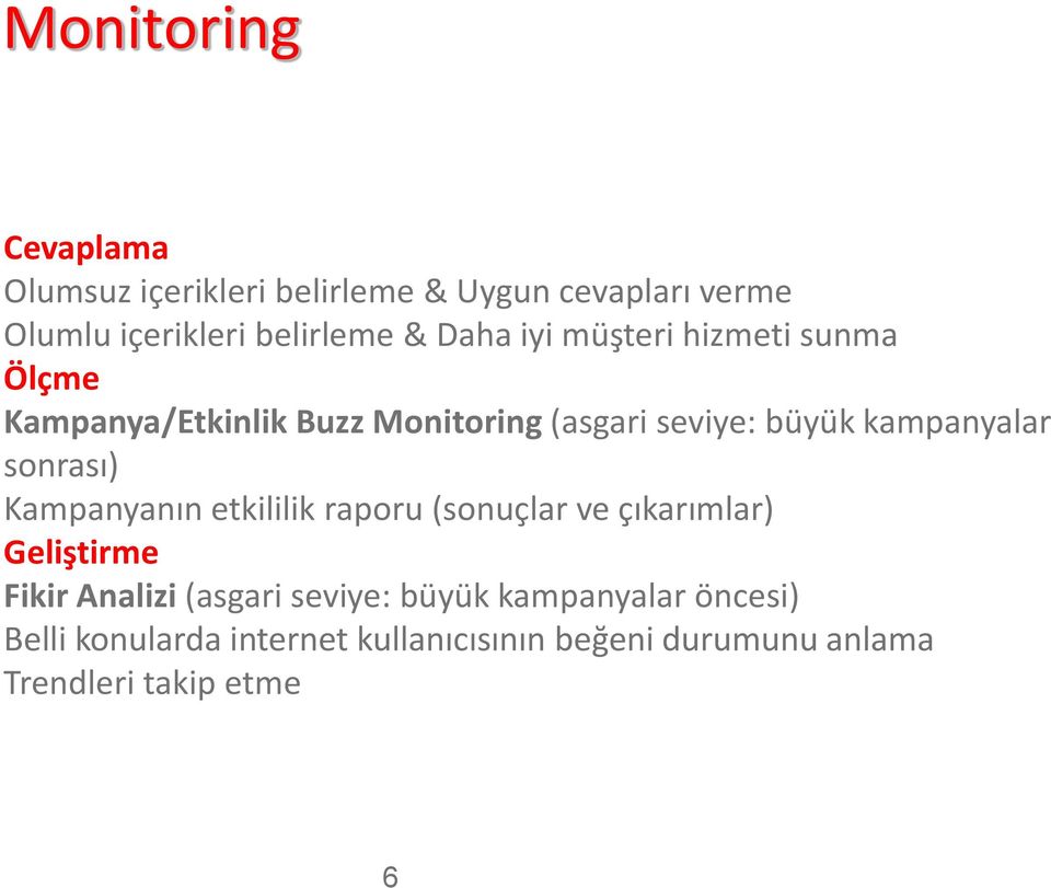 sonrası) Kampanyanın etkililik raporu (sonuçlar ve çıkarımlar) Geliştirme Fikir Analizi (asgari seviye: