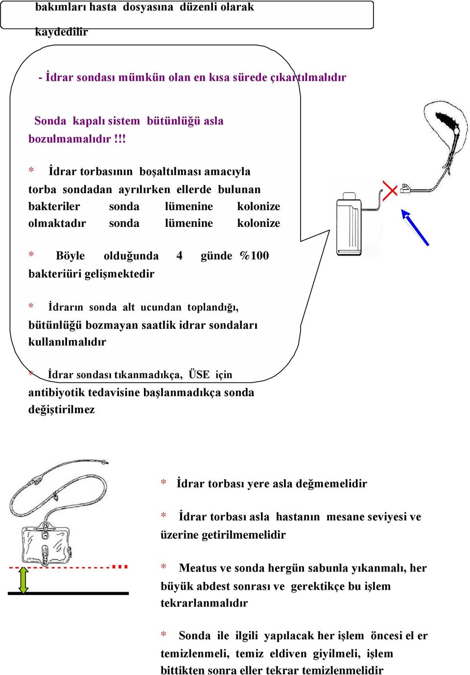 gelişmektedir * İdrarın sonda alt ucundan toplandığı, bütünlüğü bozmayan saatlik idrar sondaları kullanılmalıdır * İdrar sondası tıkanmadıkça, ÜSE için antibiyotik tedavisine başlanmadıkça sonda