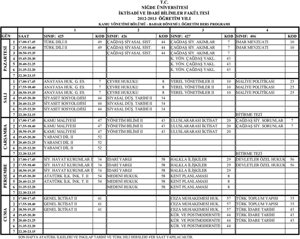 45-20.30 K. YÖN. ÇAĞDAŞ YAKL. 43 5 20.40-21.25 K. YÖN. ÇAĞDAŞ YAKL. 43 6 21.35-22.20 K. YÖN. ÇAĞDAŞ YAKL. 43 1 17.00-17.45 ANAYASA HUK. G. ES.