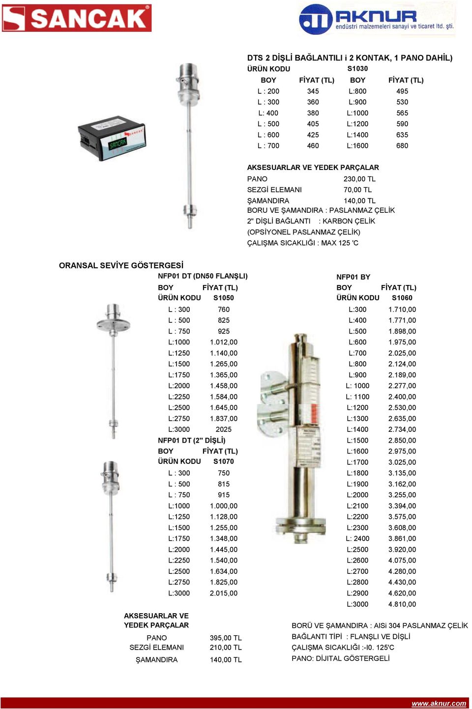 'C ORANSAL SEVİYE GÖSTERGESİ NFP01 DT (DN50 FLANŞLI) NFP01 BY BOY FİYAT (TL) BOY FİYAT (TL) S1050 S1060 L : 300 760 L:300 1.710,00 L : 500 825 L:400 1.771,00 L : 750 925 L:500 1.898,00 L:1000 1.