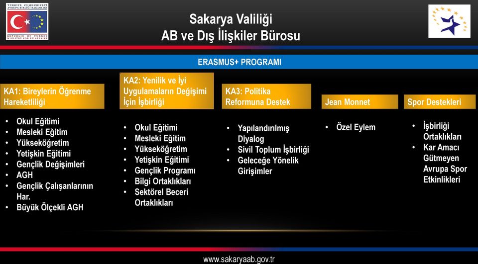 Büyük Ölçekli AGH Okul Eğitimi Mesleki Eğitim Yükseköğretim Yetişkin Eğitimi Gençlik Programı Bilgi Ortaklıkları Sektörel Beceri Ortaklıkları