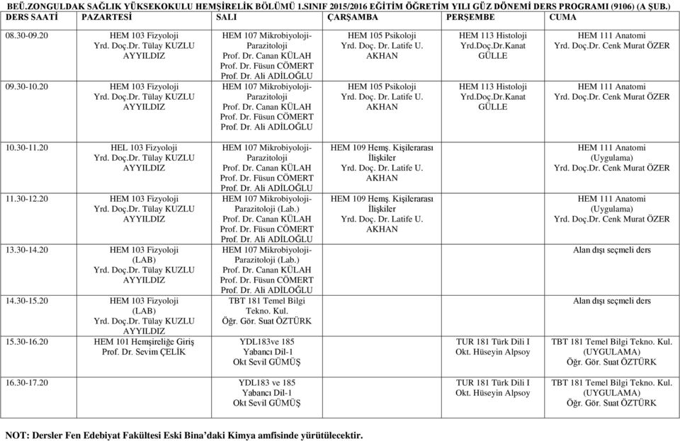 20 HEM 103 Fizyoloji 14.30-15.20 HEM 103 Fizyoloji 15.30-16.20 HEM 101 ireliğe Giriş Prof. Dr. Sevim ÇELİK HEM 107 Mikrobiyoloji- HEM 107 Mikrobiyoloji- (Lab.) HEM 107 Mikrobiyoloji- (Lab.