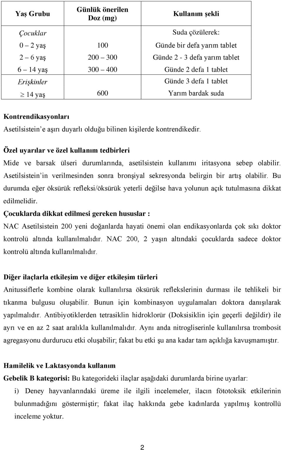 Özel uyarılar ve özel kullanım tedbirleri Mide ve barsak ülseri durumlarında, asetilsistein kullanımı iritasyona sebep olabilir.