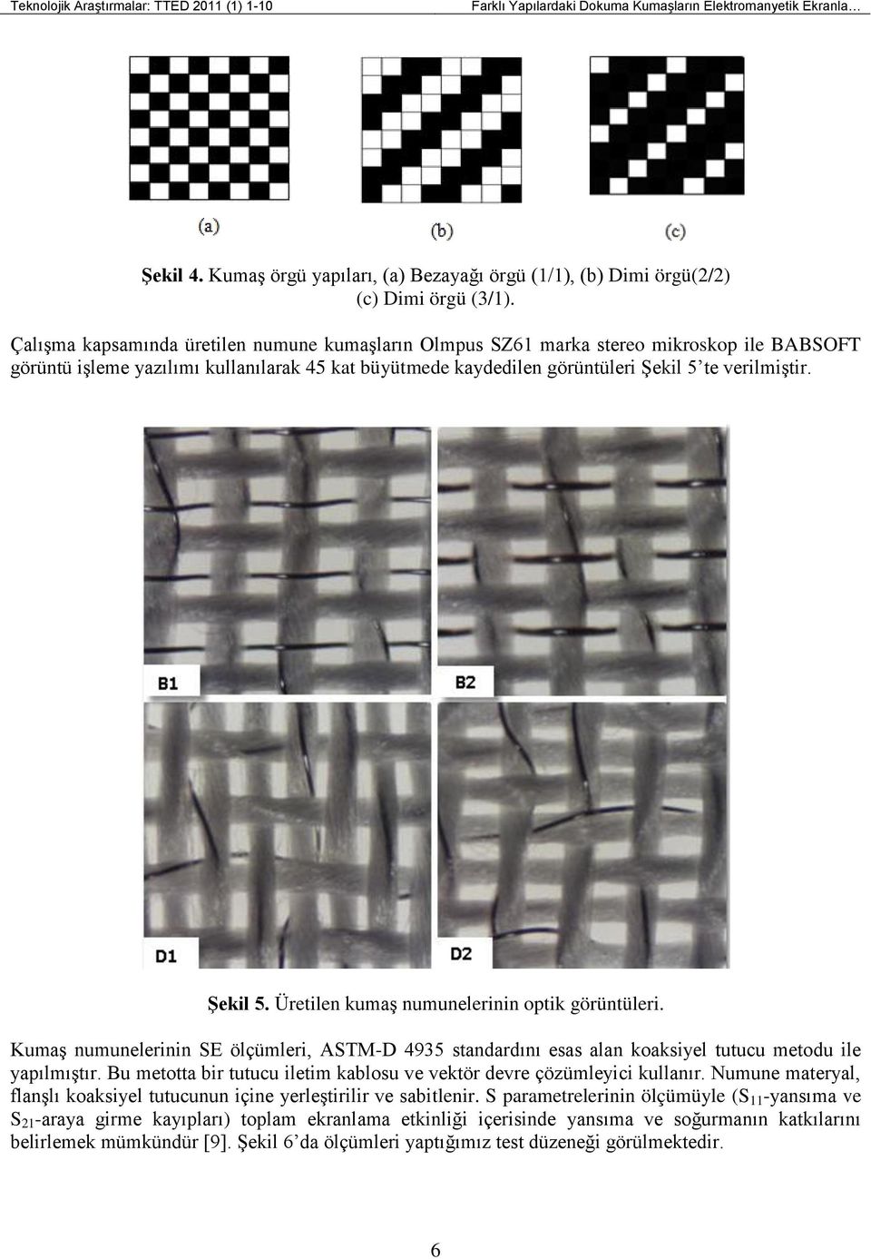 Şekil 5. Üretilen kumaş numunelerinin optik görüntüleri. Kumaş numunelerinin SE ölçümleri, ASTM-D 4935 standardını esas alan koaksiyel tutucu metodu ile yapılmıştır.