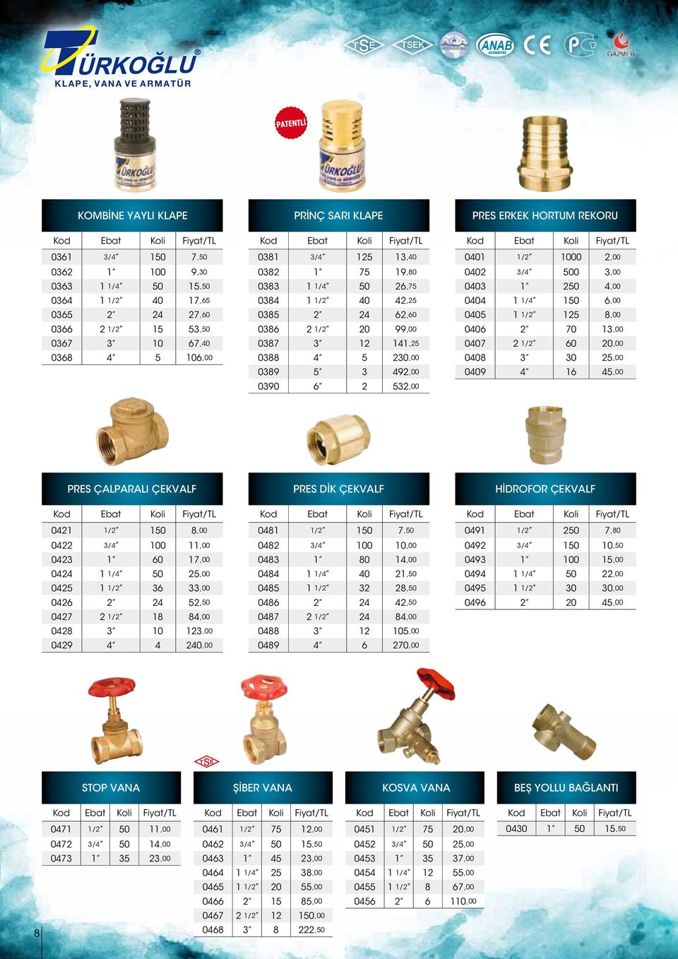 00 PRES ERKEK HORTUM REKORU 0401 1/2 1000 2.00 0402 3/4 500 3.00 0403 1 250 4.00 0404 1 1/4 150 6.00 0405 1 1/2 125 8.00 0406 2 70 13.00 0407 2 1/2 60 20.00 0408 3 30 25.00 0409 4 16 45.