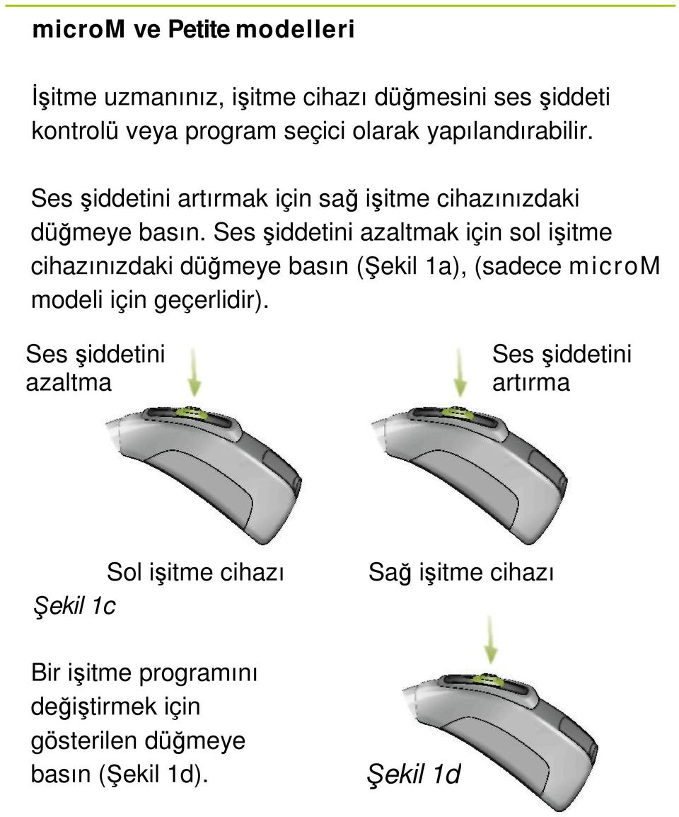 Ses şiddetini azaltmak için sol işitme cihazınızdaki düğmeye basın (Şekil 1a), (sadece microm modeli için geçerlidir).