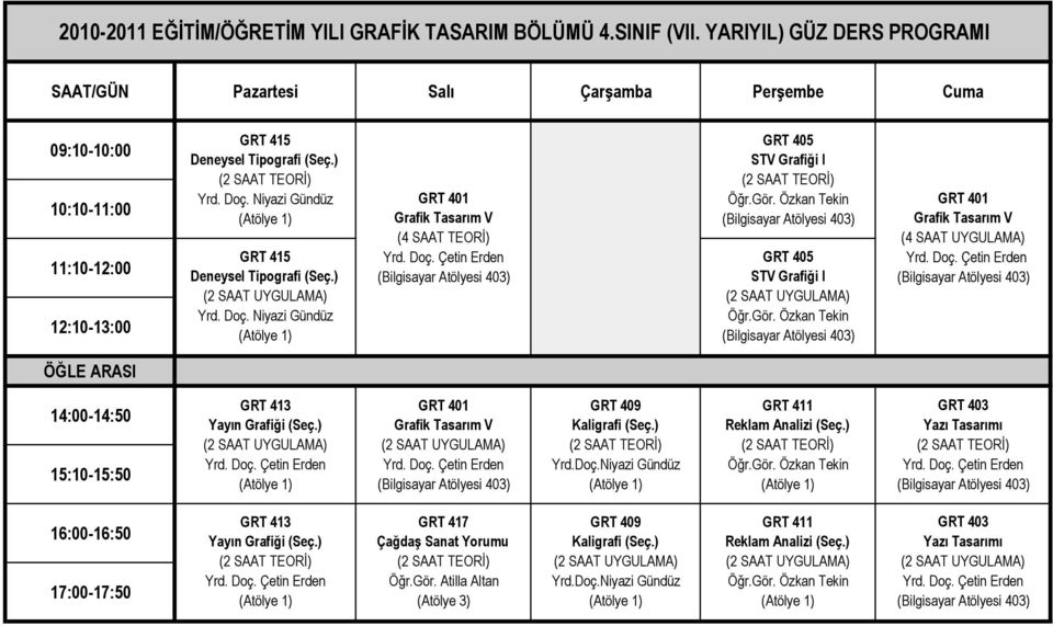 ) GRT 409 Kaligrafi (Seç.) Yrd.Doç.Niyazi Gündüz GRT 411 Reklam Analizi (Seç.) GRT 403 Yazı Tasarımı GRT 413 Yayın Grafiği (Seç.