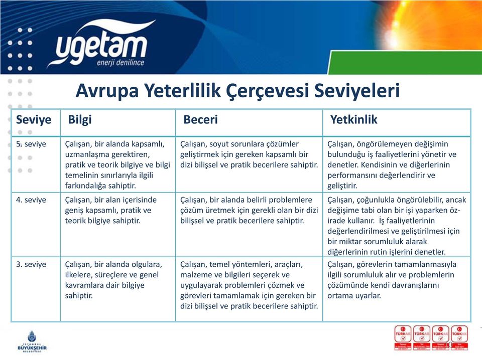 seviye Çalışan, bir alan içerisinde geniş kapsamlı, pratik ve teorik bilgiye sahiptir. 3. seviye Çalışan, bir alanda olgulara, ilkelere, süreçlere ve genel kavramlara dair bilgiye sahiptir.