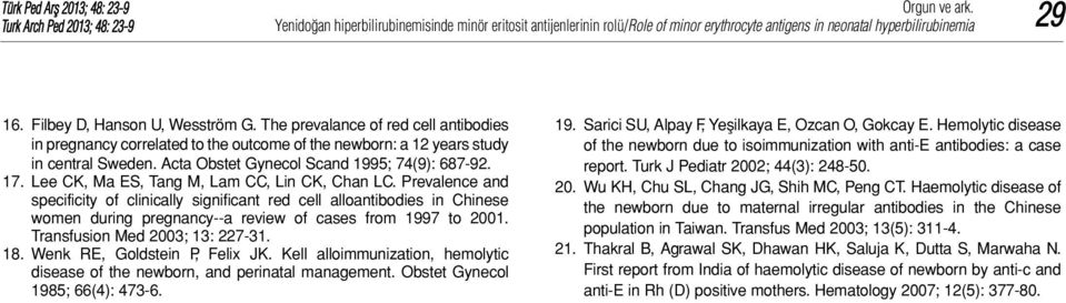 Prevalence and specificity of clinically significant red cell alloantibodies in Chinese women during pregnancy--a review of cases from 1997 to 2001. Transfusion Med 2003; 13: 227-31. 18.