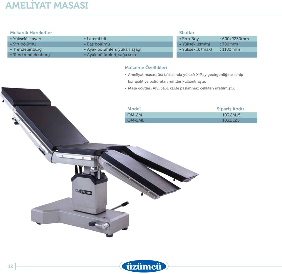 1180 mm Malzeme Özellikleri Ameliyat masası üst tablasında yüksek X-Ray geçirgenliğine sahip kompakt ve poliüretan minder