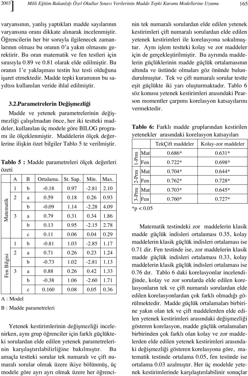 Bu oran n 1 e yaklaşmas testin h z testi olduğuna işaret etmektedir. Madde tepki kuram n n bu say lt s kullan lan veride ihlal edilmiştir. 3.2.