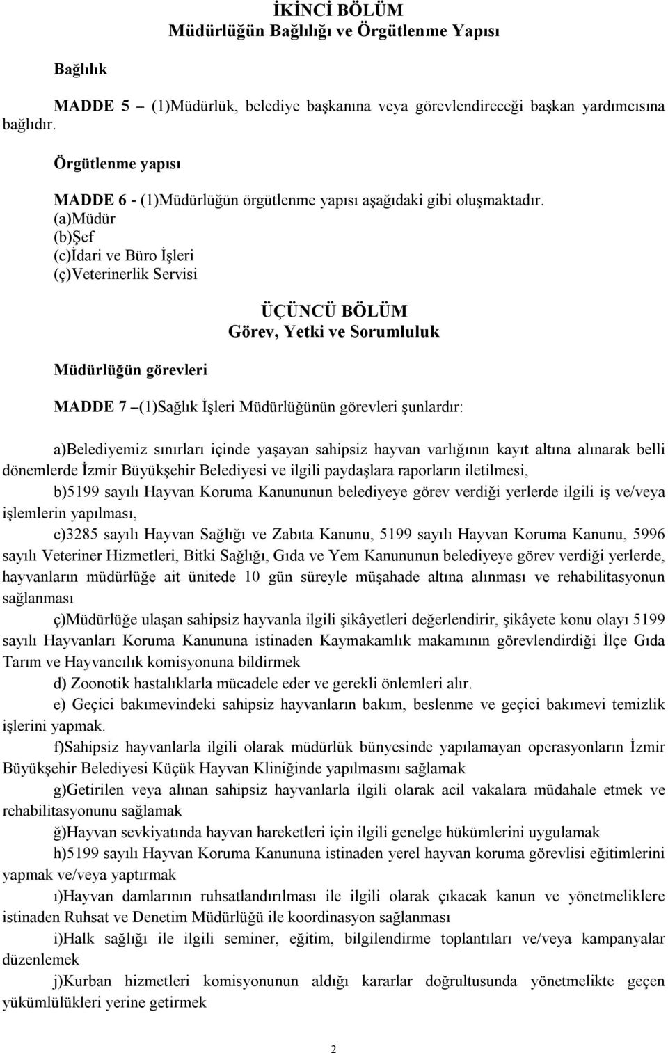 (a)müdür (b)şef (c)idari ve Büro İşleri (ç)veterinerlik Servisi Müdürlüğün görevleri ÜÇÜNCÜ BÖLÜM Görev, Yetki ve Sorumluluk MADDE 7 (1)Sağlık İşleri Müdürlüğünün görevleri şunlardır: a)belediyemiz