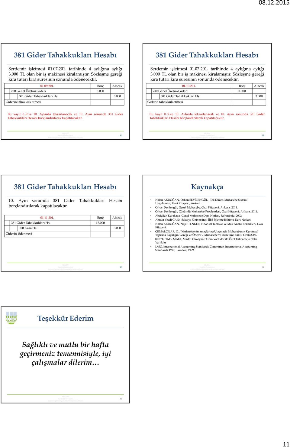 Sözleşme gereği kira tutarı kira süresinin sonunda ödenecektir. 01.10.201. Borç Alacak 730 Genel Üretim Gideri 3.000 381 Gider Tahakkukları Hs. 3.000 Giderin tahakkuk etmesi Bu kayıt 8.,9.ve 10.