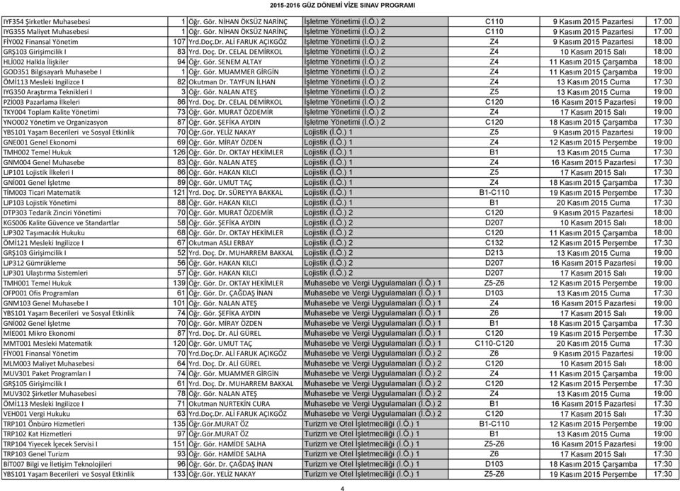 Gör. SENEM ALTAY İşletme Yönetimi (İ.Ö.) 2 Z4 11 Kasım 2015 Çarşamba 18:00 GOD351 Bilgisayarlı Muhasebe I 1 Öğr. Gör. MUAMMER GİRGİN İşletme Yönetimi (İ.Ö.) 2 Z4 11 Kasım 2015 Çarşamba 19:00 ÖMİ113 Mesleki Ingilizce I 82 Okutman Dr.