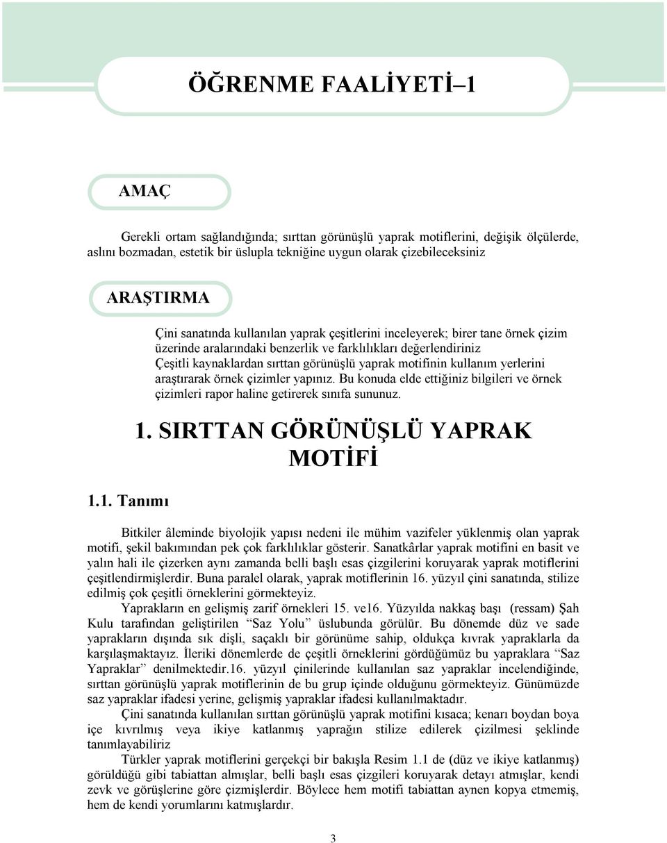 sırttan görünüşlü yaprak motifinin kullanım yerlerini araştırarak örnek çizimler yapınız. Bu konuda elde ettiğiniz bilgileri ve örnek çizimleri rapor haline getirerek sınıfa sununuz. 1.1. Tanımı 1.