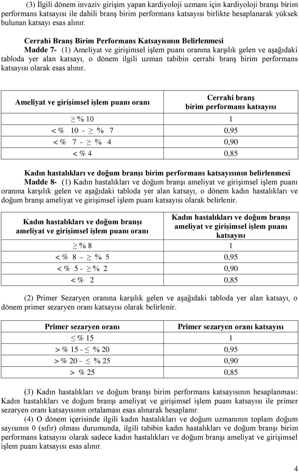 Cerrahi Branş Birim Performans Katsayısının Belirlenmesi Madde 7- (1) Ameliyat ve girişimsel işlem puanı oranına karşılık gelen ve aşağıdaki tabloda yer alan katsayı, o dönem ilgili uzman tabibin