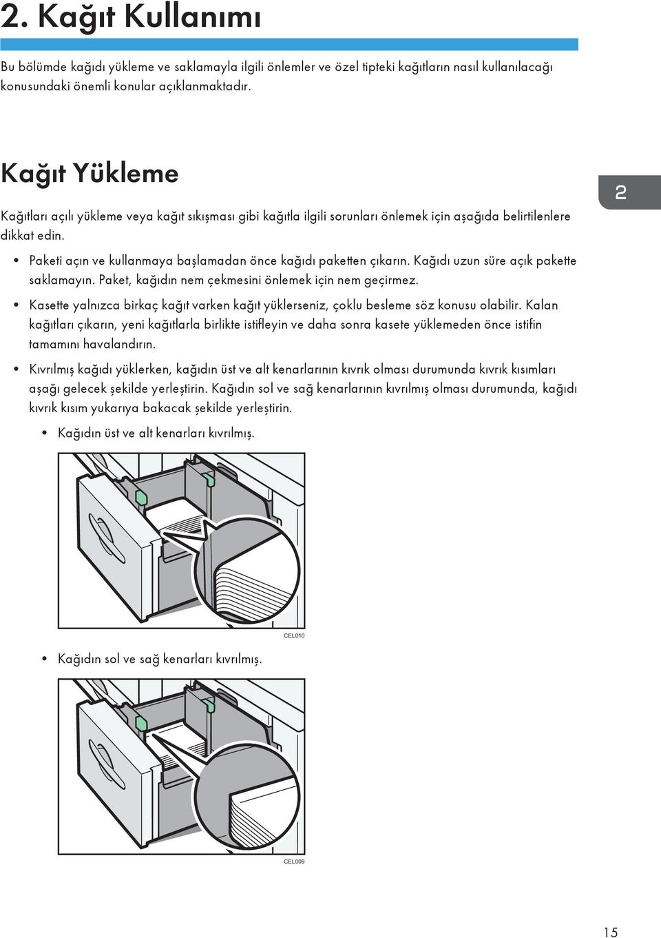 Paketi açın ve kullanmaya başlamadan önce kağıdı paketten çıkarın. Kağıdı uzun süre açık pakette saklamayın. Paket, kağıdın nem çekmesini önlemek için nem geçirmez.