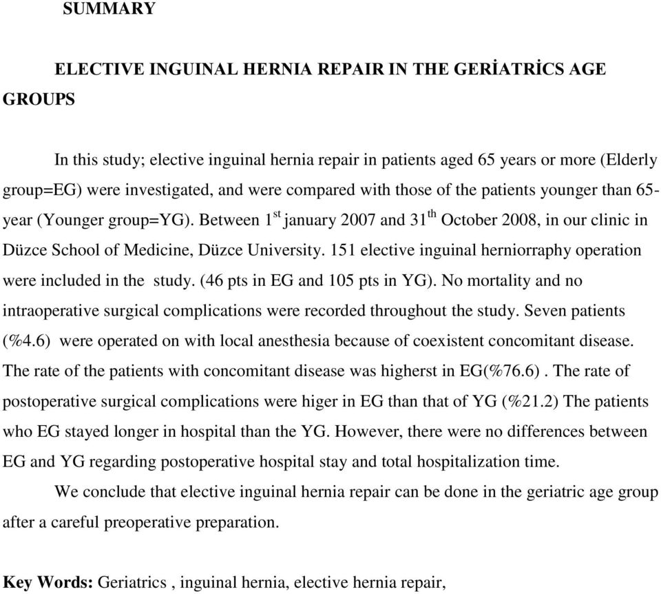 151 elective inguinal herniorraphy operation were included in the study. (46 pts in EG and 105 pts in YG). No mortality and no intraoperative surgical complications were recorded throughout the study.