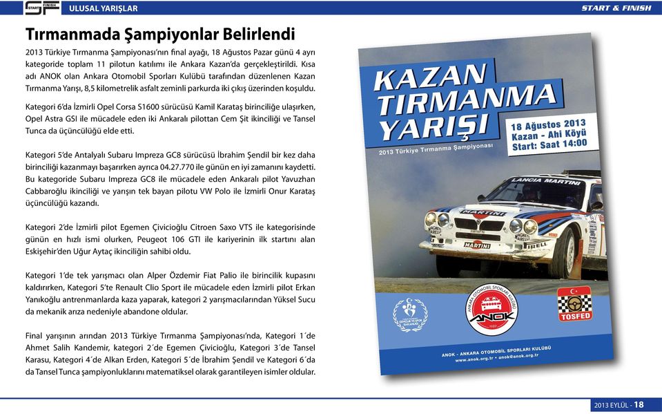 Kategori 6 da İzmirli Opel Corsa S1600 sürücüsü Kamil Karataş birinciliğe ulaşırken, Opel Astra GSI ile mücadele eden iki Ankaralı pilottan Cem Şit ikinciliği ve Tansel Tunca da üçüncülüğü elde etti.