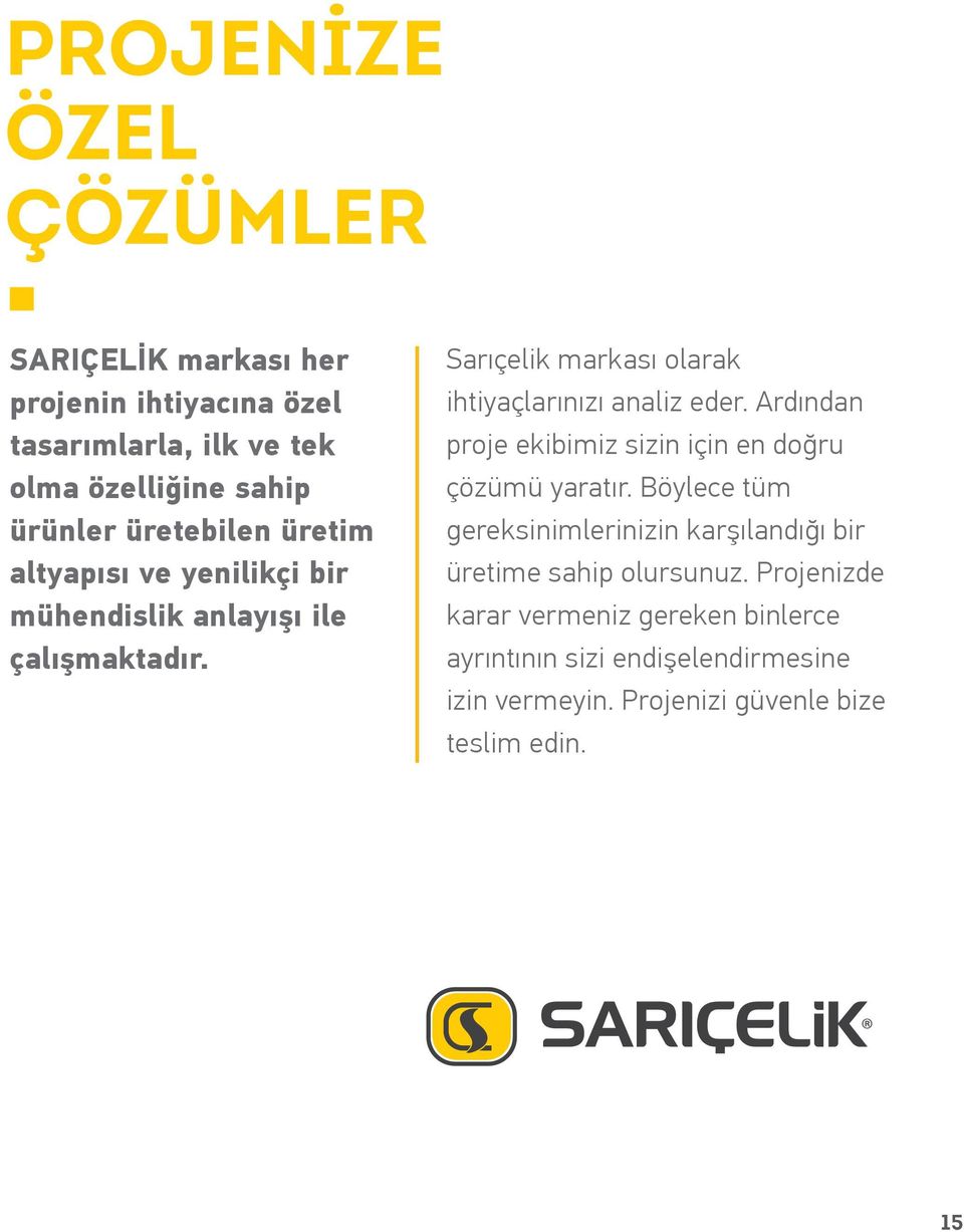 Sarıçelik markası olarak ihtiyaçlarınızı analiz eder. Ardından proje ekibimiz sizin için en doğru çözümü yaratır.