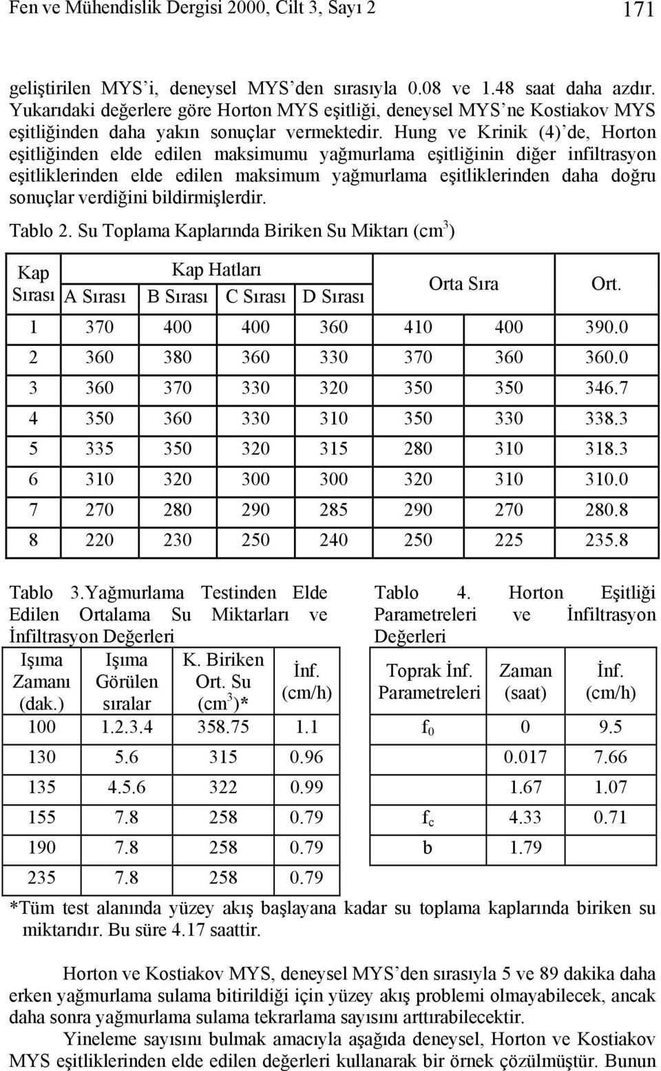 Hug ve Kriik (4) de, Horto eşitliğide elde edile maksimumu yağmurlama eşitliğii diğer ifiltrasyo eşitlikleride elde edile maksimum yağmurlama eşitlikleride daha doğru souçlar verdiğii bildirmişlerdir.