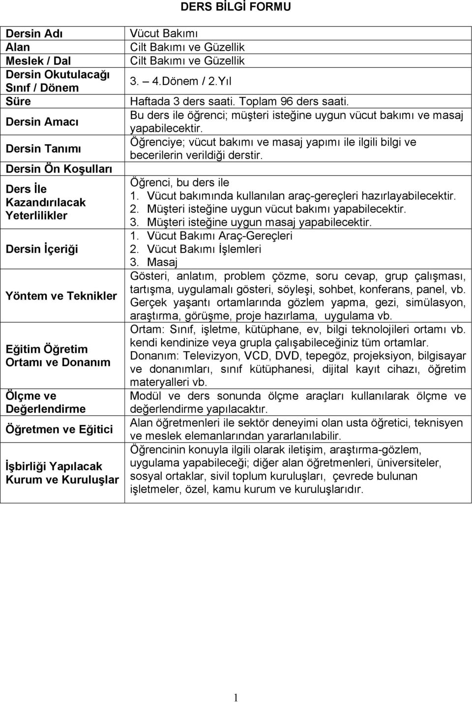 Dönem / 2.Yıl Haftada 3 ders saati. Toplam 96 ders saati. Bu ders ile öğrenci; müşteri isteğine uygun vücut bakımı ve masaj yapabilecektir.