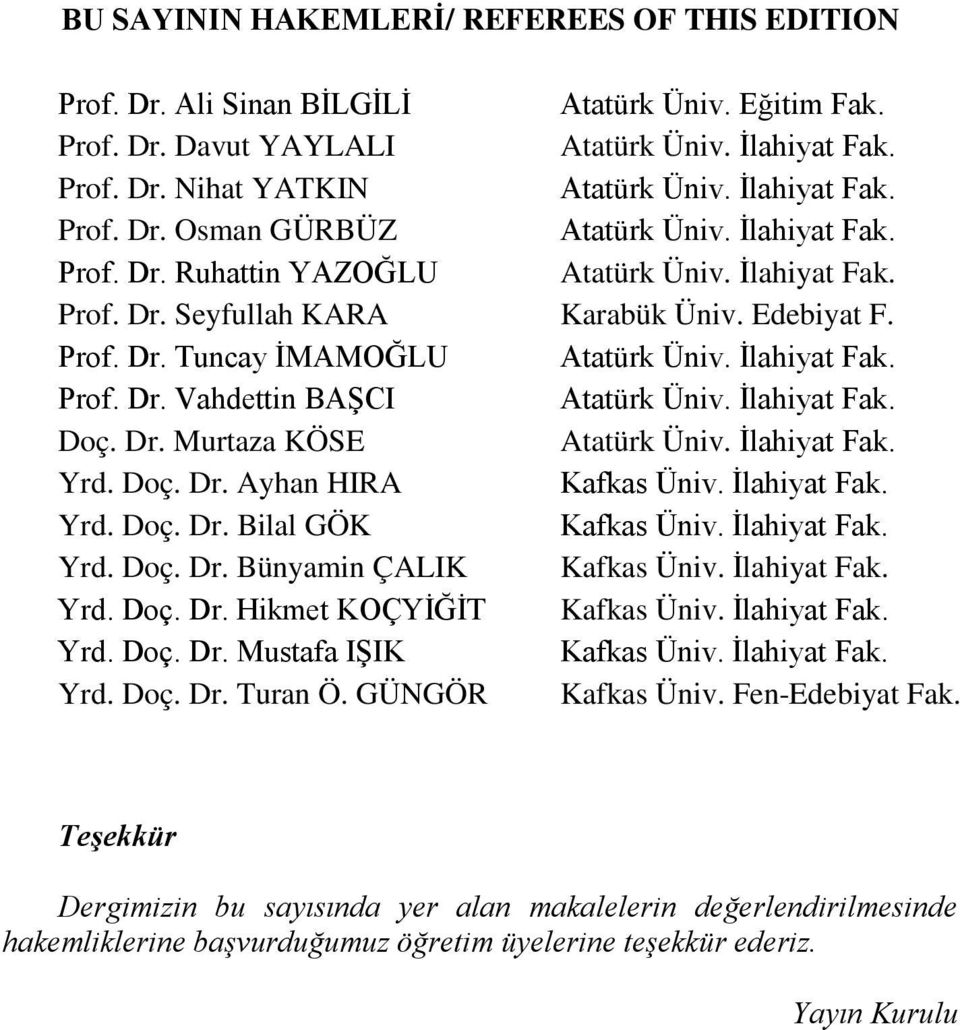 İlahiyat Fak. Prof. Dr. Vahdettin BAŞCI Atatürk Üniv. İlahiyat Fak. Doç. Dr. Murtaza KÖSE Atatürk Üniv. İlahiyat Fak. Yrd. Doç. Dr. Ayhan HIRA Kafkas Üniv. İlahiyat Fak. Yrd. Doç. Dr. Bilal GÖK Kafkas Üniv.