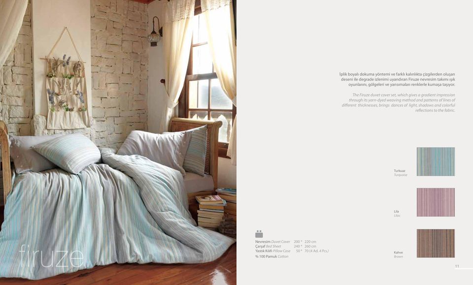 The Firuze duvet cover set, which gives a gradient impression through its yarn-dyed weaving method and patterns of lines of different thicknesses,