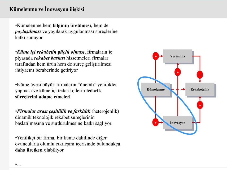 yapması ve küme içi tedarikçilerin tedarik süreçlerini adapte etmeleri Kümelenme Rekabetçilik Firmalar arası çeşitlilik ve farklılık (heterojenlik) dinamik teknolojik rekabet