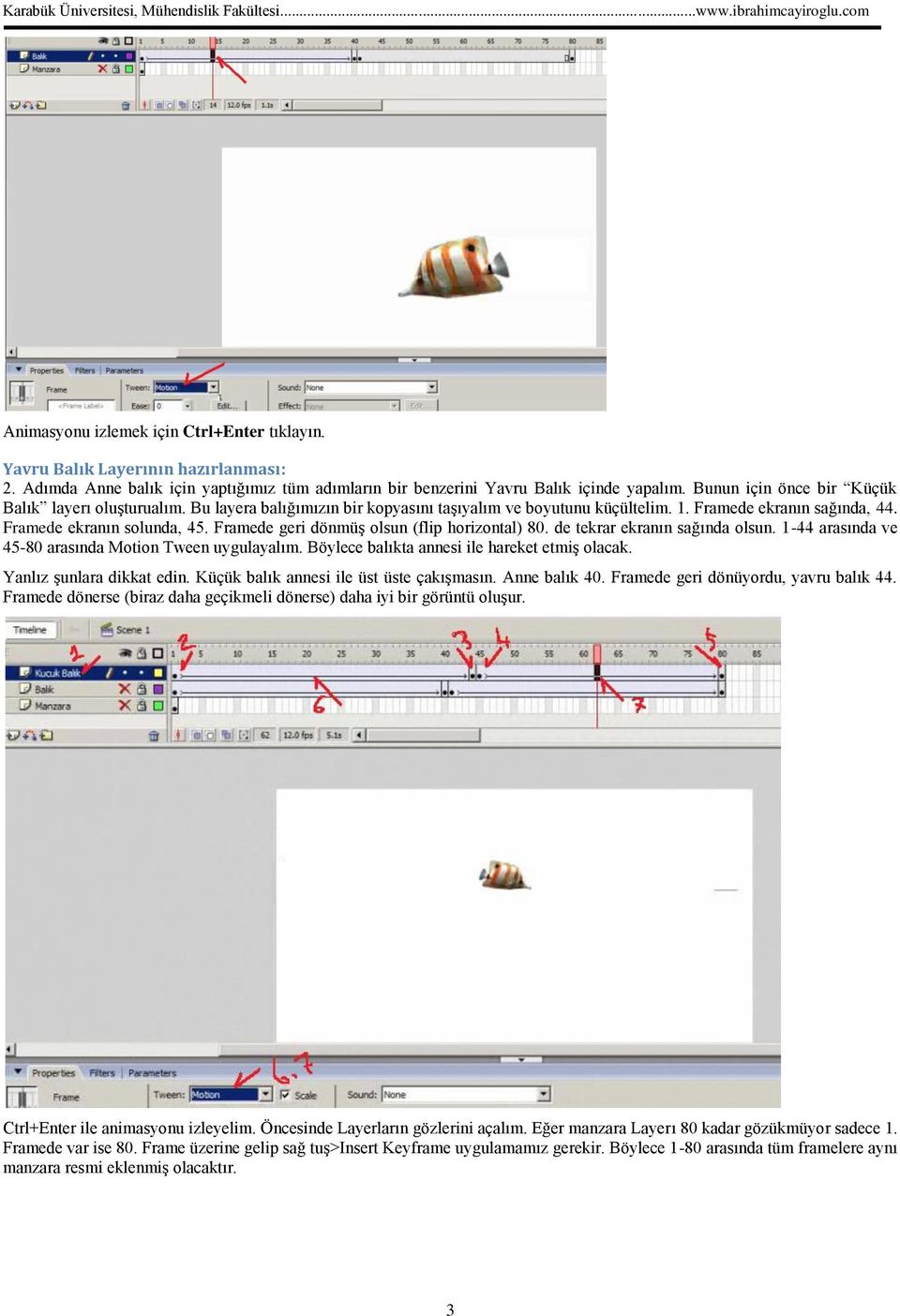 Framede geri dönmüş olsun (flip horizontal) 80. de tekrar ekranın sağında olsun. 1-44 arasında ve 45-80 arasında Motion Tween uygulayalım. Böylece balıkta annesi ile hareket etmiş olacak.