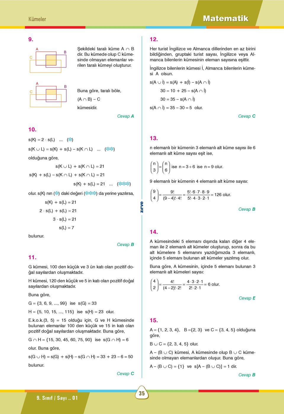 Ýngilizce bilenlerin kümesi Ý, lmanca bilenlerin kümesi olsun. una göre, taralý böle, s( Ý) = s() + s(ý) s( Ý) 30 = 10 + 25 s( Ý) ( ) 30 = 35 s( Ý) kümesidir. s( Ý) = 35 30 = 5 olur. evap evap 10.