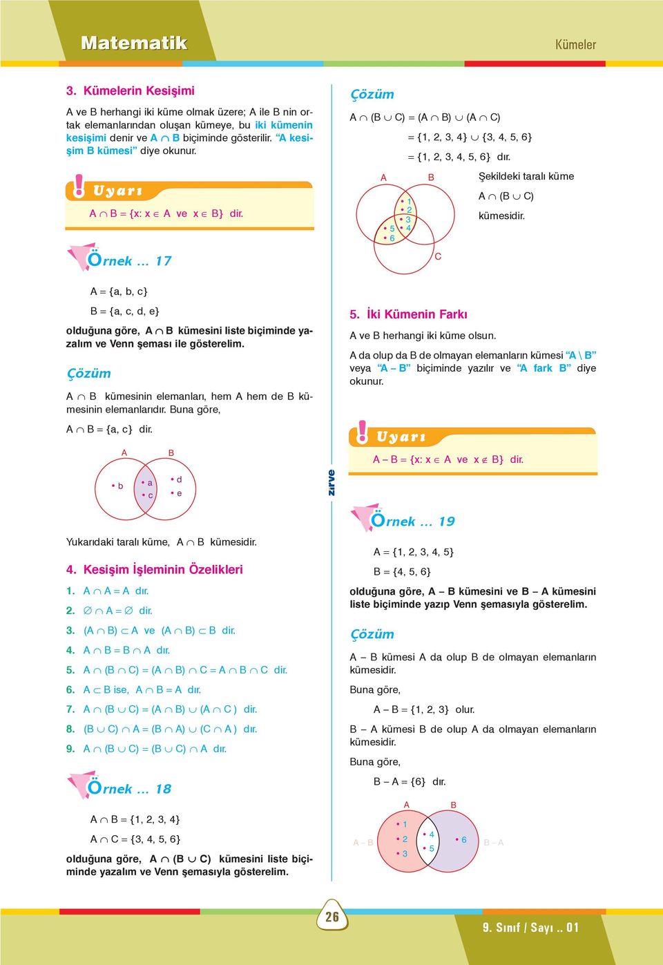 = {a, b, c} = {a, c, d, e} olduðuna göre, kümesini liste biçiminde yazalým ve Venn þemasý ile gösterelim. kümesinin elemanlarý, hem hem de kümesinin elemanlarýdýr. una göre, = {a, c} dir. 5.