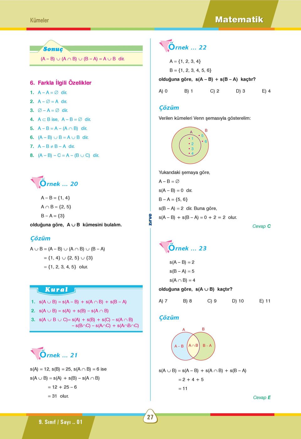 = ( ) ( ) ( ) = {1, 4} {2, 5} {3} = {1, 2, 3, 4, 5} olur. Yukarýdaki þemaya göre, = s( ) = 0 dýr. = {5, 6} s( ) = 2 dir. una göre, s( ) + s( ) = 0 + 2 = 2 olur. rnek.