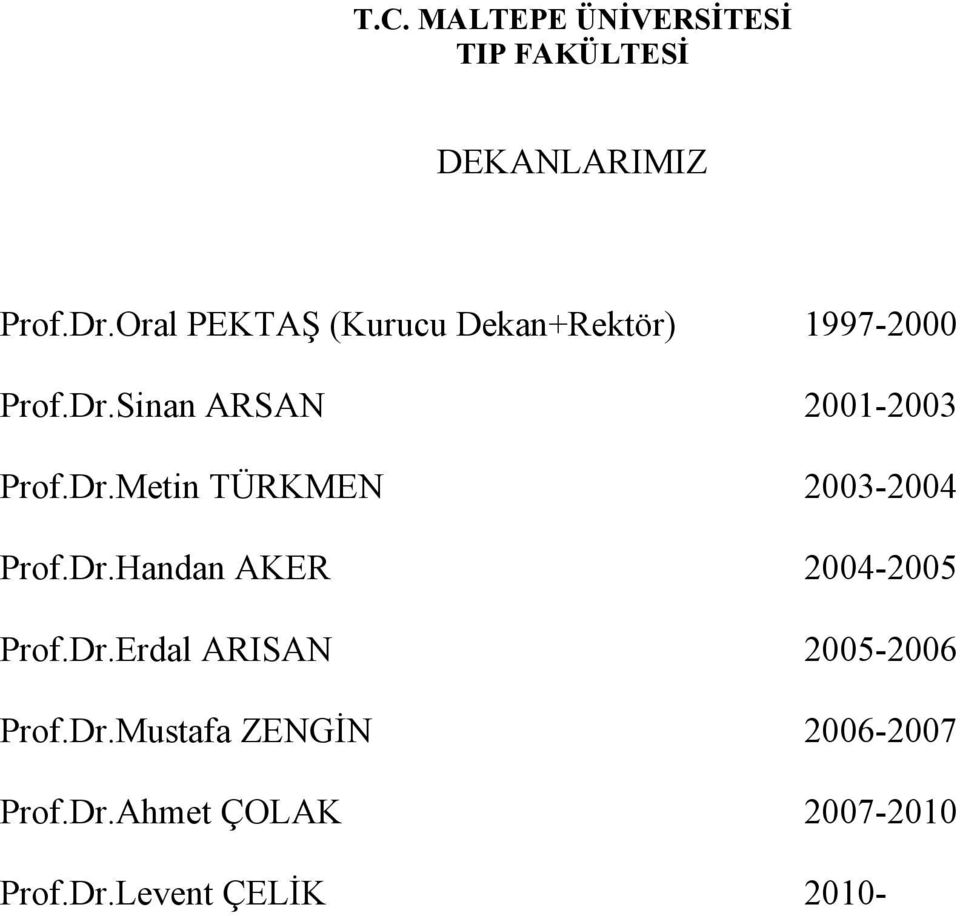 Dr.Metin TÜRKMEN 2003-2004 Prof.Dr.Handan AKER 2004-2005 Prof.Dr.Erdal ARISAN 2005-2006 Prof.